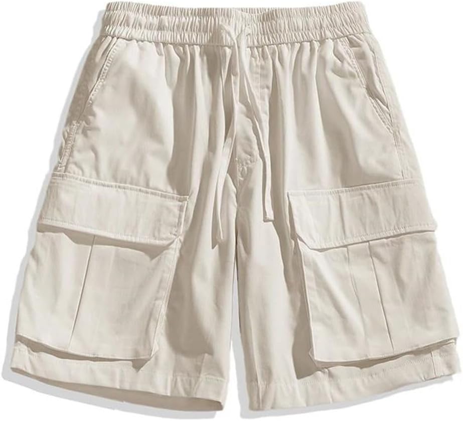 Men Summer Casual Elastic Waist Beach Multi Pocket Cargo Shorts