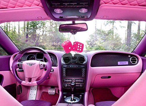 Zento Deals Pair Of 3 Inch Square Pink Hanging Fuzzy Dice With White Dots #TOP2