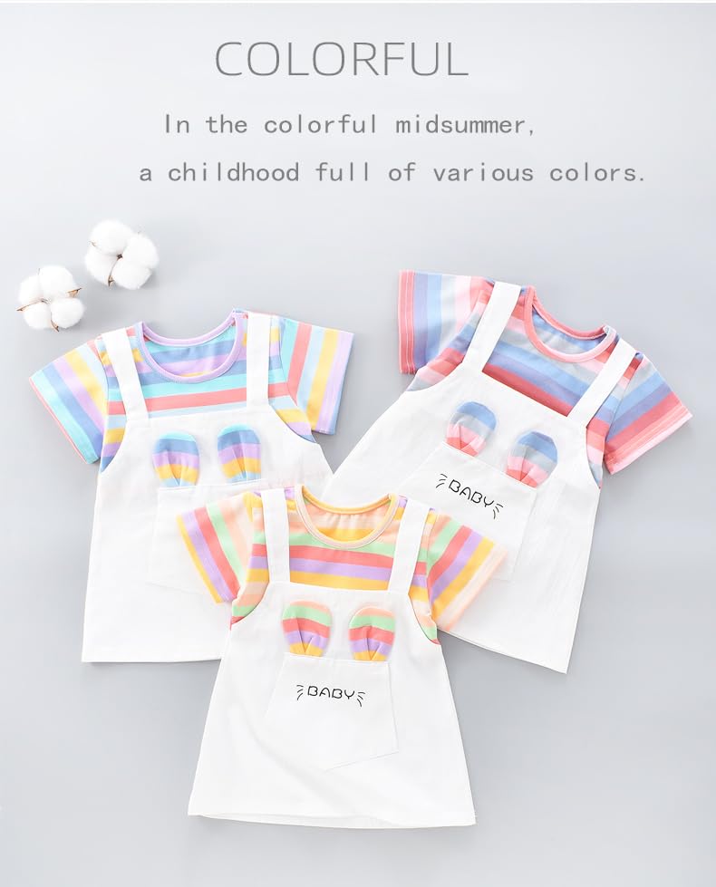 Girls Short Sleeve Dresses Summer Cotton Dress for Girl Cute Bunny & Rainbow Striped Original Casual Girl Outfits4