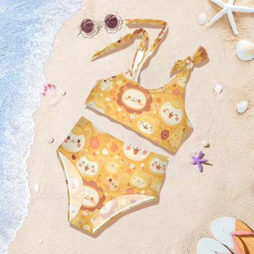 KLL Cute Lion Cartoon Pattern Yellow Girls' 2 Piece Bikini Sets Beach Swimsuits Swimwear Cute Shoulder Strap 5