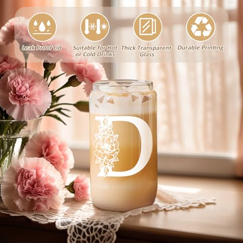 Image of Coolife Initial Glass Cup, Monogrammed Gifts for Women, 16 oz Tumbler w /Lid | Iced Coffee Smoothie Beer Tumbler w /Straw Lid - Personalized Christmas, Birthday Gifts for Woman Her Mom Friend
