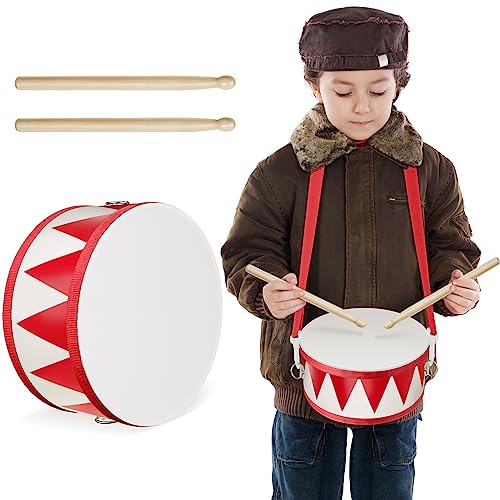 Kids Drum Set 8 Inch Wooden Toy Drum with Adjustable Strap 2 Drumsticks Educational Sensory Musical Instrument Toy Set for Toddlers Kid Baby Boys Girls Gift(Red Triangle Style)