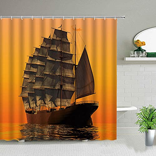 帆船の風景防水バスルームシャワーカーテン海のナビゲーションバススクリーンバスタブの装飾フック付き布カーテン洗える-W180xH180cm