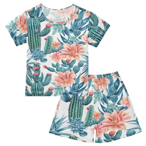 ALAZA Flower Watercolor Cactus Pajamas Short Sleeve 2 Piece Sleepwear Top and Bottom Pajama Set Unisex