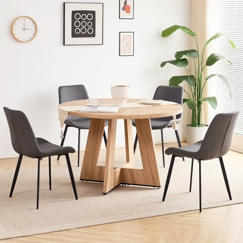 Image of 47 inch Round Dining Table Set for 4, Kitchen Table and Chairs | Wooden Cross Base, Synthetic Leather Chair, for Apartment