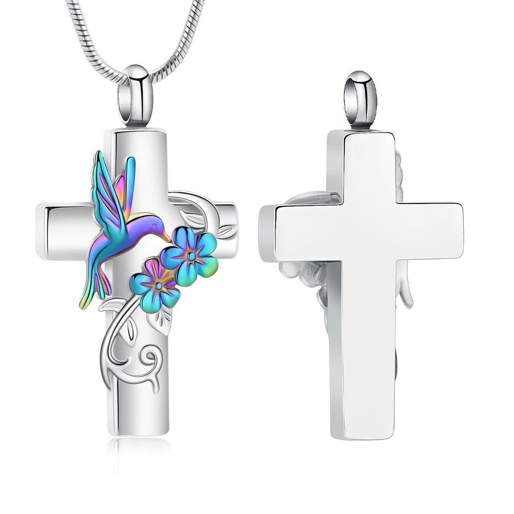Cross Hummingbird Urn Necklace for Ashes Flower Ashes Pendant Memorial Necklace Cremation Jewelry Ashes Keepsakes Necklace Gift for Loss of Loved Ones