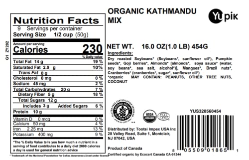 Image of Yupik Organic Kathmandu Mix, 1 lb (16 oz), USDA Certified Organic, Gluten-Free, Vegan, Non-GMO, Colorful Mix of Dried Fruits, Seeds, Beans, and Nuts with Goji Berries, Mango, Brazil Nuts, Pumpkin Seeds, and Tamari Almonds