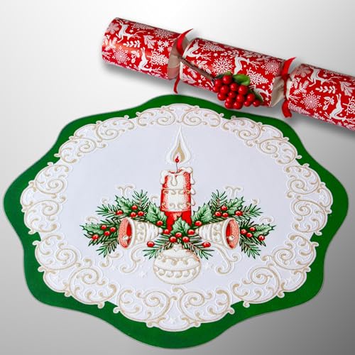 MforStyle SET OF 2 Christmas Placemats Christmas Doilies Diameter 12" (30cm) Traditional Festive pattern Mats Fabric Candle Jingle Bells Red Gold Green Xmas table cover linen