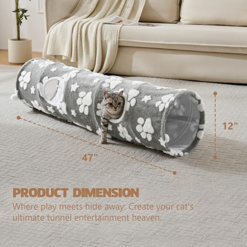 Image of Straight Cat Tunnel for Indoor Cats 47 inchx12 inch, Grey Paw