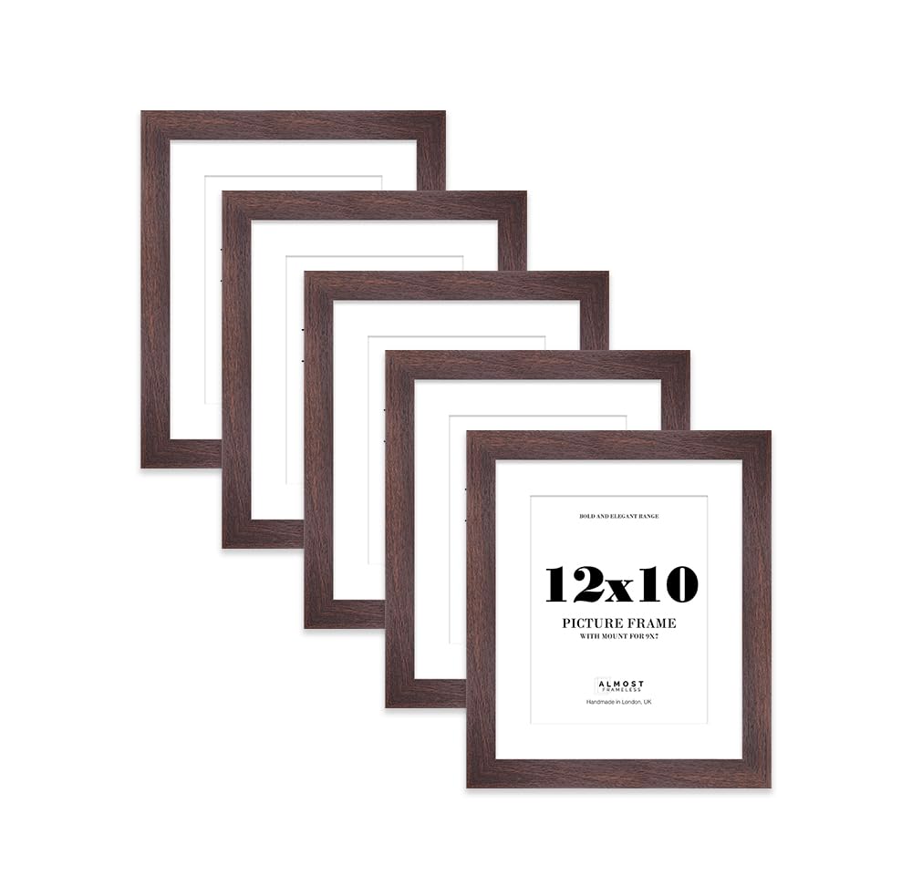 12x10" Walnut Frame With Mount for 9x7" Pictures 28mm Edge Portrait and Landscape Display with Wall Hooks and Kickstand, 5 Pack