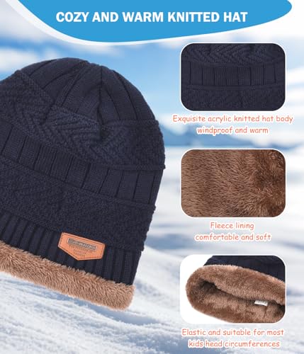 Image of Kids Winter Hat Scarf&Touchscreen Gloves Set,Knitted Beanie with Fleece Lining, Neck Warmer for Boys Girls 4-15 Years