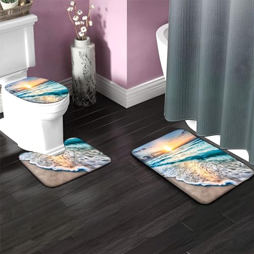 Badematte Blick auf das Meer bei Sonnenuntergang Badezimmerteppich Set 3 Teilig Mikrofaser Badteppiche und WC Vorleger mit Ausschnitt Waschbar rutschfeste Badvorleger Toilette Teppich – Bild 5