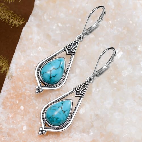 Genuine Turquoise Dangle Earrings for Women, Sterling Silver Vintage Native American Western Jewelry Teardrop Earrings Birthday Gift2