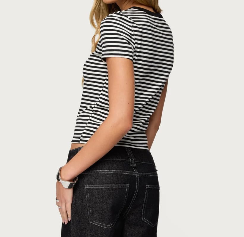 Women Striped Shirt Short Sleeve Crew Neck Baby Tees Y2k Going Out Crop Top Streetwear - Image 3