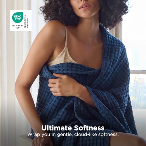Image of Bedsure Cooling Cotton Waffle Weave Blanket - Lightweight Breathable Blanket of Rayon Derived from Bamboo for Hot Sleepers, Luxury Throws for Bed, Couch and Sofa, Navy, 50x70 Inches