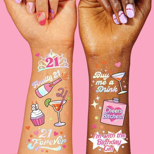 xo, Fetti 21st Birthday Party Decorations Temporary Tattoos - 48 pcs | Fun Bday Girl Party, Finally 21, RIP Fake ID, HBD, Disco Cowgirl Party, Twenty One Tiara
