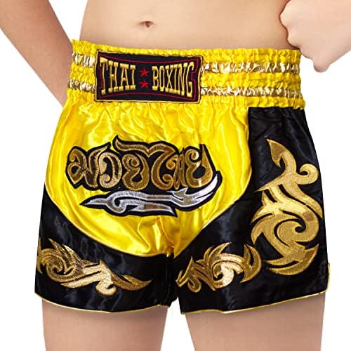 SIAMKICK Youth Muay Thai Shorts for Kids (4 Years - 10 Years) Boxing Kickboxing MMA Training Trunk for Boys and Girls (Yellow Bodhi, X-Small)