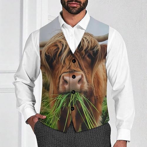 Cute Highland Cow Eating Wildlife Men's Suit Vests Business Formal Dress V-Neck Waistcoat Tops with 2 Pockets2
