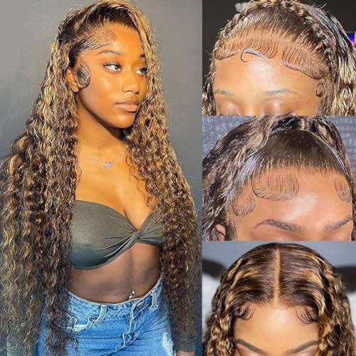 Image of bangjazz 30 Inch Deep Wave Lace Front Wigs Human Hair 180% Density Highlight Ombre 13x4 Lace Frontal Wigs Human Hair HD Lace P4 /27 Wigs for Black Women Human Hair Pre Plucked Curly Lace Front Wig