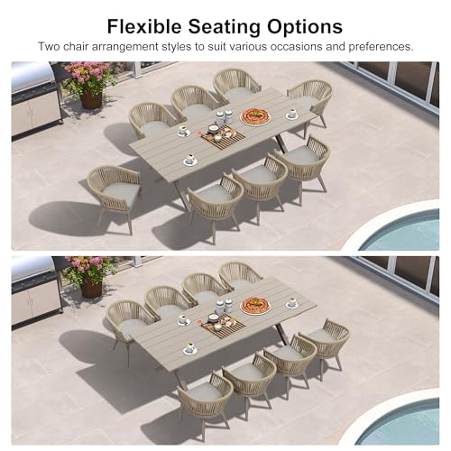 Image of PURPLE LEAF 9 Piece Longer Outdoor Dining Set with Patio Aluminium Dining Table and Wicker Chairs Modern Furniture Cushions Sets for Backyard Indoor Decor Kitchen Champagne