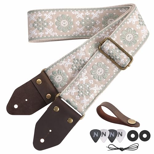 Nefelibata Guitar Strap,Jacquard Embroidery Cotton Guitar Straps with Crazy Horse Leather Ends for Bass Electric & Acoustic