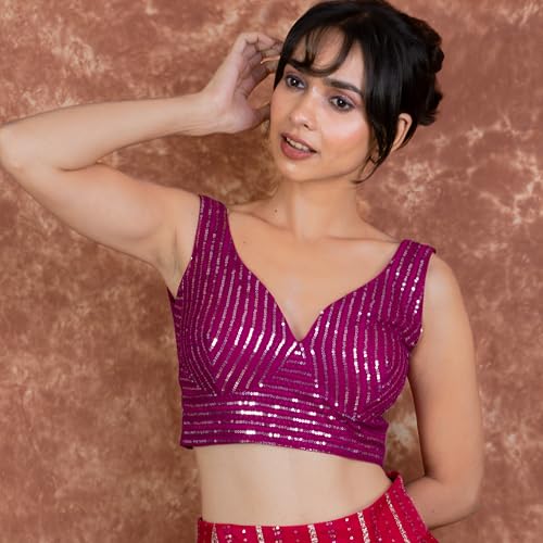 Image of FIGURE'S DESIGNER Women's Sequin Embroidered SabyaSachi Cut Sweetheart V Neck Sleeveless Readymade Saree Blouse E30