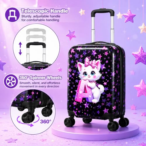 Image of CCJPX 5Pcs Kids Suitcase for Girls, 16 inch Travel Luggage Set with Spinner Wheels, Cat Hardside Carry on Toddler Rolling Suitcase Airline Approved (Black)