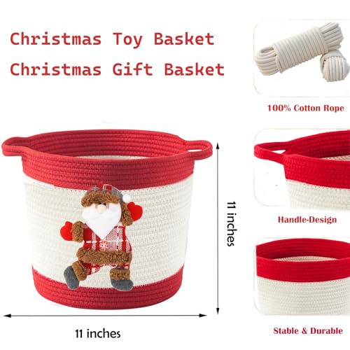 Image of Christmas Gift Baskets Empty, Christmas Decoration Storage Basket with Handle, Baby Gift Basket for Toys, Towels, Diapers, Woven Cotton Rope Basket With Santa Claus, Red