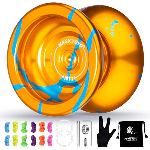 Image of MAGICYOYO N11 Professional Unresponsive Alloy Yoyo Dual Purpose Trick Yo Yo with Responsive Bearing Kit + Bag + Glove +12 Strings - Golden Blue