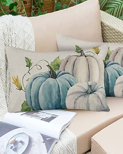 OUR DREAMS Outdoor Pillow Covers Waterproof, Thanksgiving Throw Pillowcase Decorative Cover, Fall Teal Beige Pumpkin Eucalyptus Leaves Lumbar Set of 2 for Sofa, Couch, Tent, Patio 20''x12''