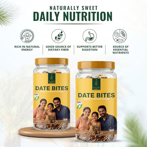 Image of Golden Leaves Date Bites | Dates Barfi Made with Dates, Pista, Cashews, Almonds, Pure Ghee, Pistachios & Mixed Seeds I Dry Fruits Nuts, Healthy Snacks Sweets, Gluten Free, No Added Sugar Instant Energy Snack for Kids & Adults (200g (Pack of 2))
