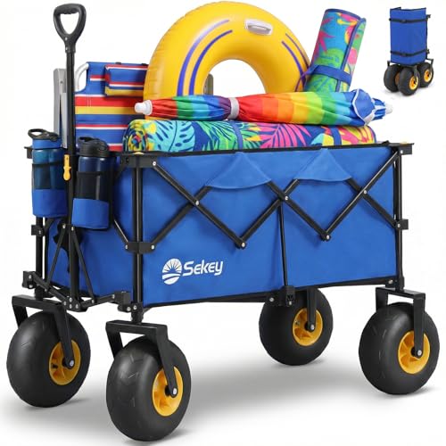 Sekey Heavy Duty Beach Wagon with 9' Big Sand-Proof Wheels – 600lb Capacity, 200L Oversized Foldable Cart | Adjustable Handle & All-Terrain Tires for Sand, Camping, Groceries