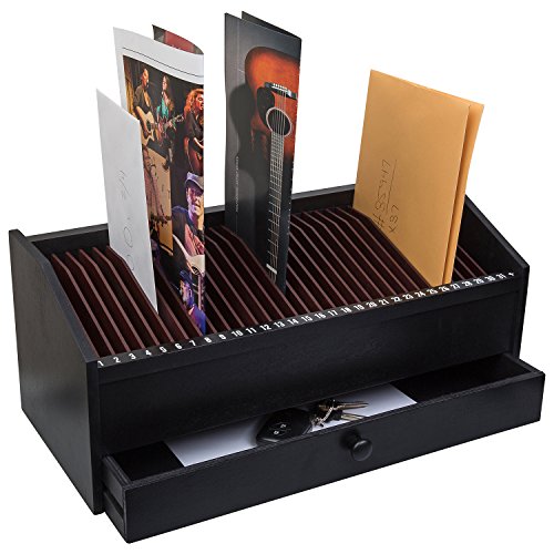 JUMBLâ„¢ 17" - 31 Slot Wooden Bill/Letter Organizer with Drawer - Black