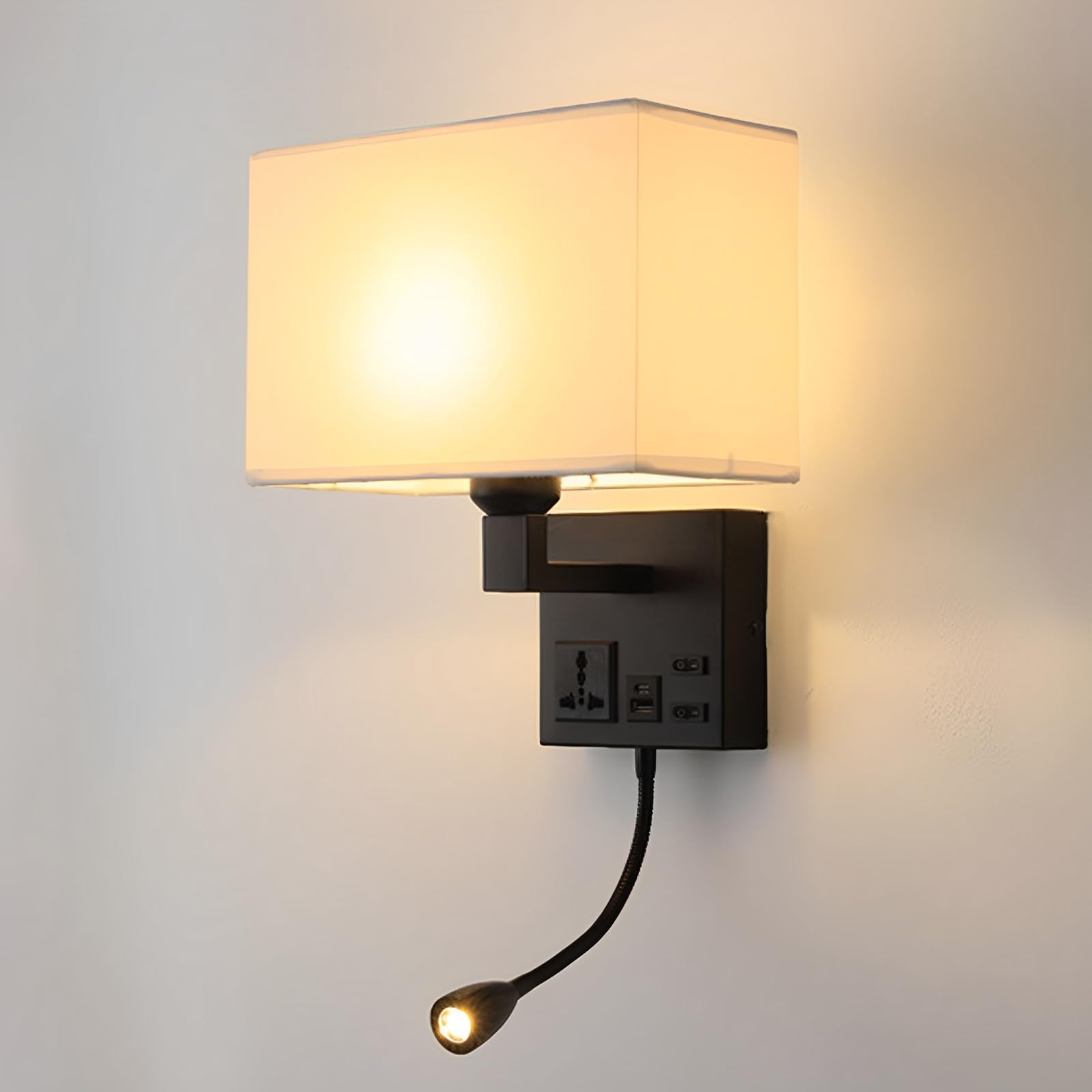 TCHAUSGZUS Hardwired Wall Light Fixture with Adjustable LED Spotlight and USB Charging Port for Bedroom, Bathroom, and Study Room(Black+White)