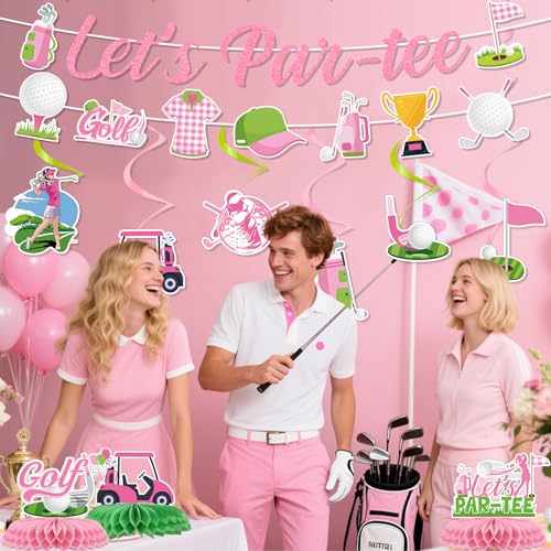 Image of Pink Golf Party Decorations - 11PCS Golf Birthday Decorations Lets Partee Banners Hanging Swirls Honeycomb Centerpieces Sport Themed Party Birthday Decor Supplies for Women Girls