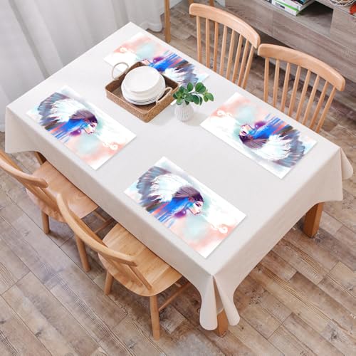 EYLOZS Mantel Individual Lavable 45 x 30 cm para Cena,Almuerzo, Desayuno - 4 Unidades - Resistente Calor, Antideslizante,Chica nativa Americana fumando Pipa con Ropa Tradicional, Fondo Abstracto de