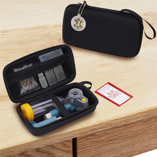 Image of MGZNMTY Travel Carrying Case Compatible with Asthma Inhaler Spacer for Adults and Children, Masks, Inhaler Holder with Asthma Alert Tag and Medical Card, Carabiner (Only Case) (Black)