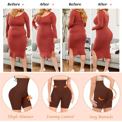 Image of Werena Shapewear Shorts Tummy Control for Women High Waisted Body Shaper Underwear Slimming Slip Shorts Under Dresses(#2 Brown(smooth waist),Small)