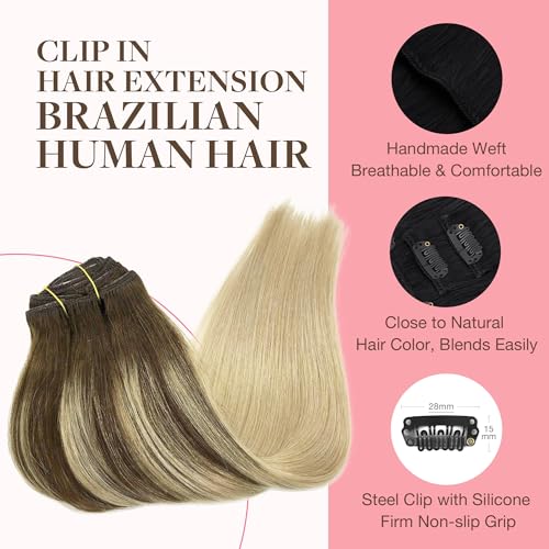 Image of GOO GOO Clip in Hair Extensions Real Human Hair, Remy Human Hair Extensions Clip ins for Women, Natural Human Hair, 22inch 120g 7Pcs, 4 /18 Balayage Chocolate Brown Highlighted Dirty Blonde