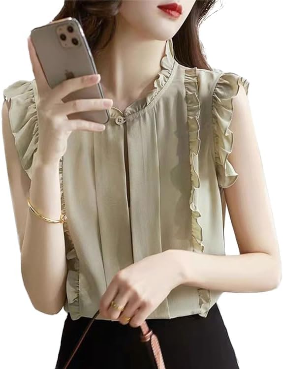 Womens Sleeveless Chiffon Blouses Summer Mock Neck Peasant Tops for Women Dressy - Image 4