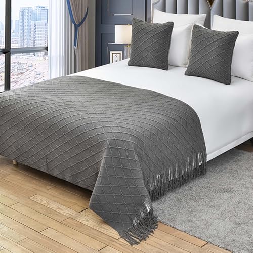 Boho dzianinowy koc narzuta z frędzlami, na sofę, kanapę, łóżko, bieżnik, pled i solidny szalik, pasujące poduszki i poszewka na poduszkę, 130 x 260 cm, tkany wystrój domu