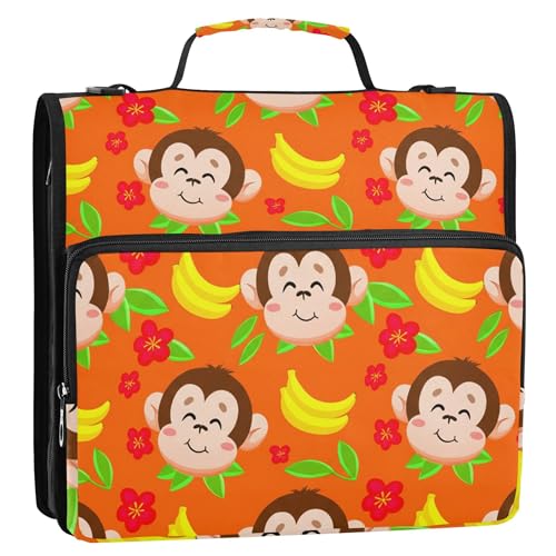 大型3リングバインダー 1.5インチ Dリング かわいい漫画 モンキー オレンジバインダー ジッパーオーガナイザー ポートフォリオ&ケース リングフォルダーホルダー 中学校バインダーバッグ ストラップ付き