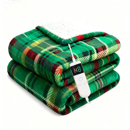 Image of Electric Blanket Heated Throw, Soft Flannel 50 inchx60 inch Plaid Heating Blanket with 8 Hours Auto Off 10 Fast Heating Levels Machine Washable Sherpa Heated Blanket with Overheating Protection