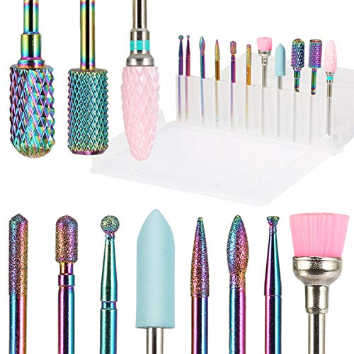 Nail Drill Bit Set Carbide Nail Drill Bits 11PCS Tungsten Ceramic Nail Bits Kit Acrylic Nail Drill Bit Set, Diamond Efile Nail Drill Bits Cuticle Poly Gel Nail Drill Bits, 3 32 Nail Drill Bit Set