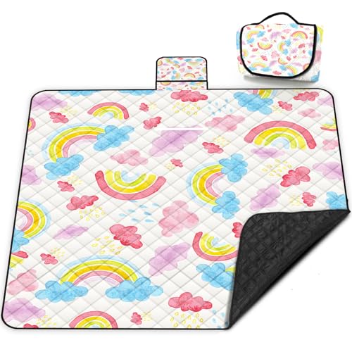 Extra Large Picnic Blanket Waterproof,80"x 80"Foldable Machine Washable Beach Blanket,Outdoor Blanket for 6-8 Adults,Picnic Mat Suitable for Indoor Crawling,Park Beach,Camping,Hiking,Travel (Rainbow)