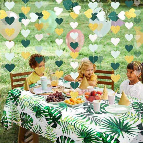Image of Sage-Green Mint Beige-Gold Love-Heart Garland, 39Ft Rustic Wedding Hanging Birthday Decor Streamers Banner, Bachelorette Bridal Shower Engagement Valentines Graduation Woodland Party Supplies