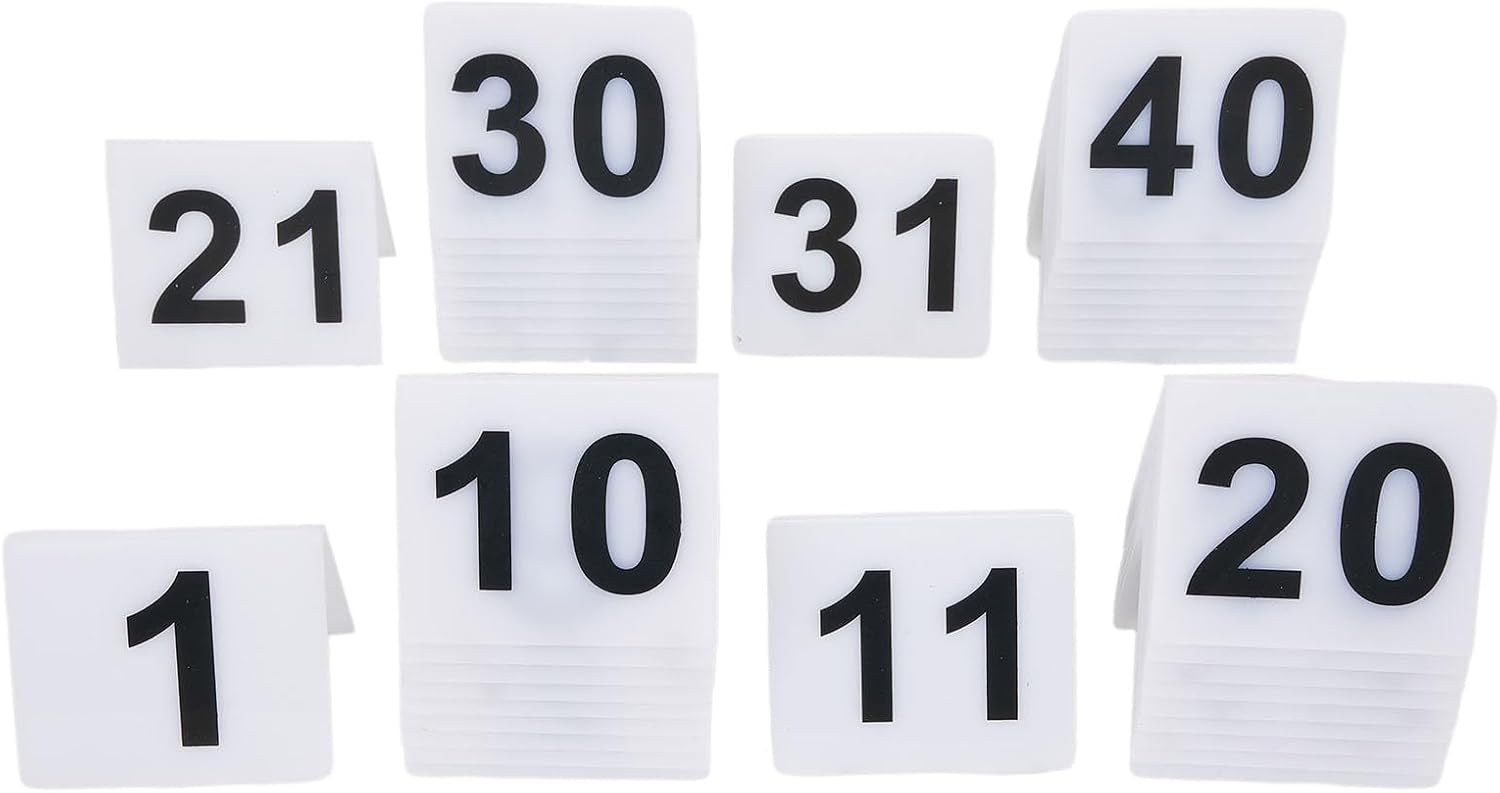 Acrylic V-Shaped Table Number Signs 1-40 for Bold Black Numbers on White Background, Easy-to-Clean Restaurant Table Tent Plates for Quick Service and Full Dining Area(white 1-40)