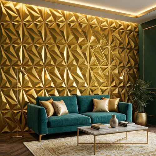 Image of Kayra Decor Luxury 3D PVC Wall Panels - Alps Pattern, Gold Finish | 19.7 inch x 19.7 inch | Pack of 12 | Covers 32.28 Sq. Ft. | Stylish Wall Cladding for Home & Office Interiors