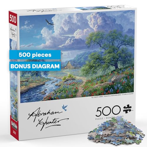 Rompecabezas Buffalo Games - Hill Country Summer, 500 piezas para adultos, arte de Abraham Hunter, fabricado en EE.UU., incluye póster miniatura 1