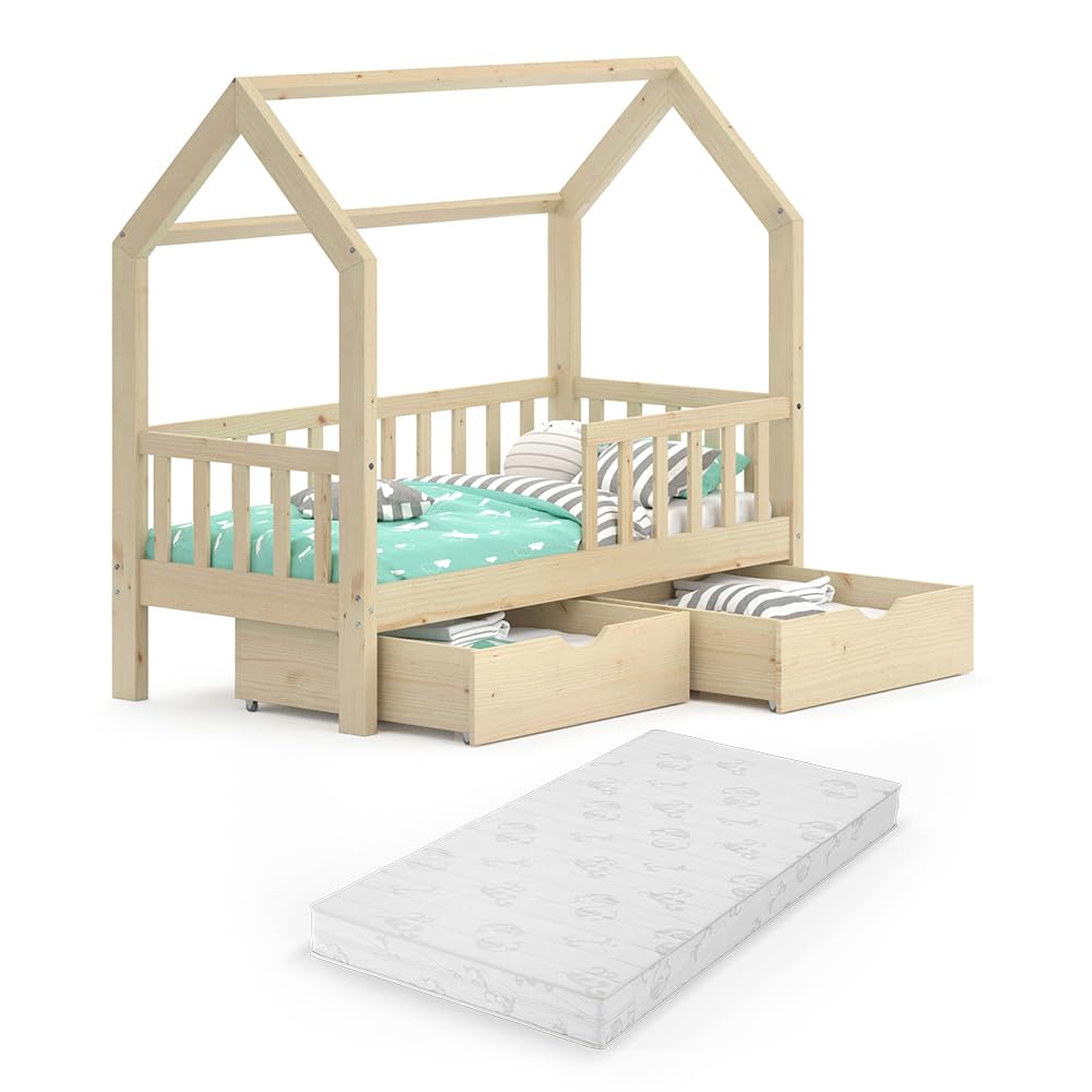 Vicco Vitalispa Letto montessori bambini Wiki 70x140 cm Legno naturale con cassetti e materasso